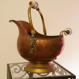 Vintage Ornate Copper & Brass Coal Scuttle with Porcelain Handled Rollers